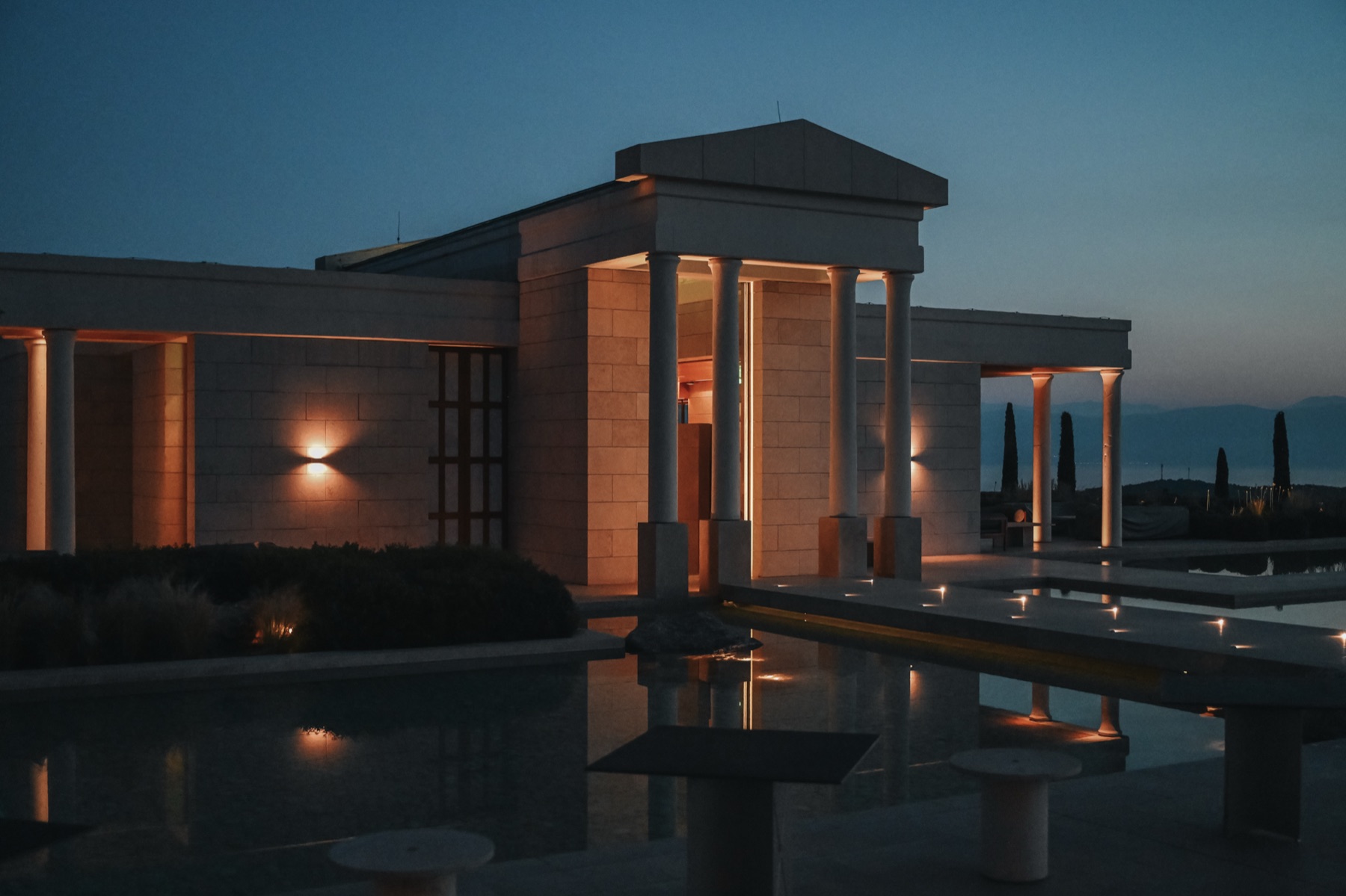 Amanzoe pavilion at dusk, Peloponnese, Greece