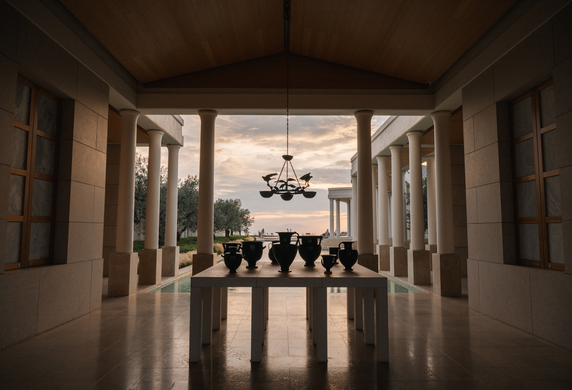 Amanzoe pavilion at dusk, Peloponnese, Greece